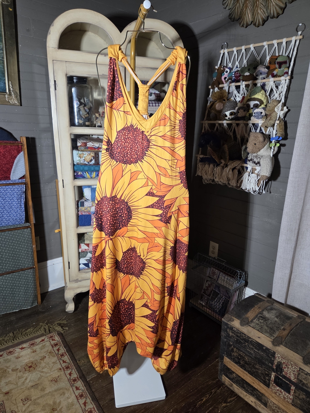 Sunflower Print Halter Jumpsuit - Yellow